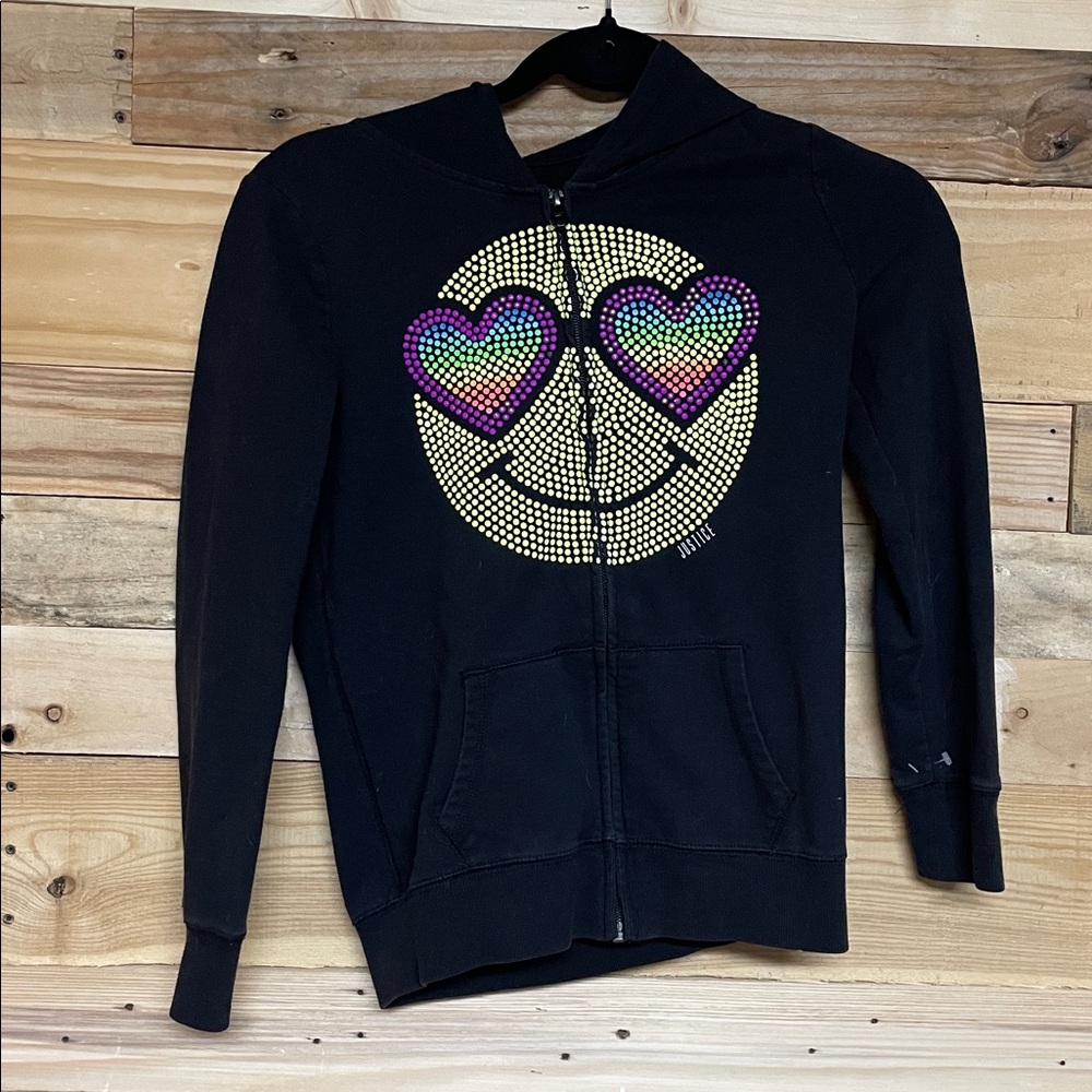 Justice size 10 Black Zip-Up Lightweight Hoodie with Colorful Smiley Face
